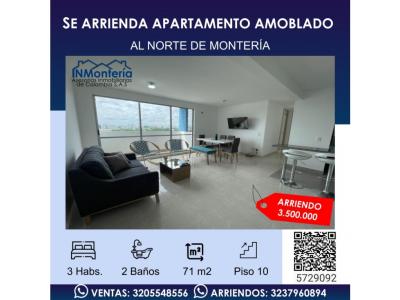 SE ARRIENDA APARTAMENTO AMOBLADO ZONA NORTE DE MONTERIA , 71 mt2, 3 habitaciones