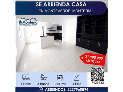 SE ARRIENDA CASA EN MONTEVERDE MONTERÍA, 244 mt2, 4 habitaciones