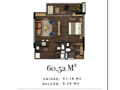 Apartamento en Venta en El Retiro, 62 mt2, 1 habitaciones