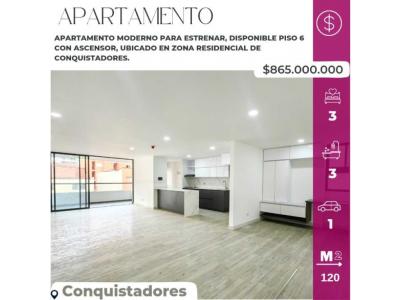Apartamento en venta para estrenar en conquistadores medellín, 120 mt2, 3 habitaciones