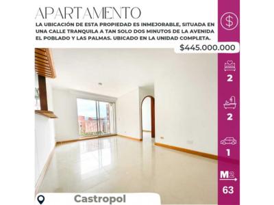 Apartamento en venta en castropol medellín, piso alto, 63 mt2, 2 habitaciones