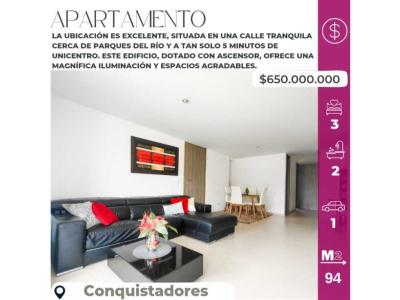 Apartamento en venta en conquistadores medellín piso alto., 94 mt2, 3 habitaciones