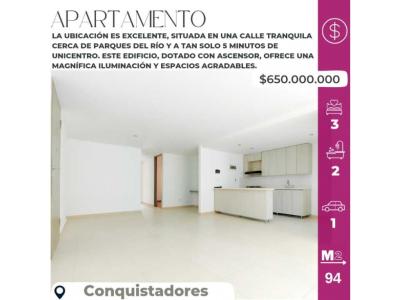 Apartamento en venta en conquistadores medellín piso bajo, 94 mt2, 3 habitaciones