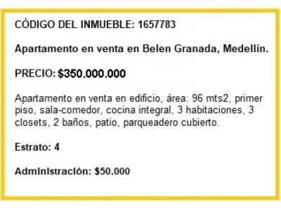 Apartamento en venta. Belén Granada. Medellín. Cod 1657783, 96 mt2, 3 habitaciones