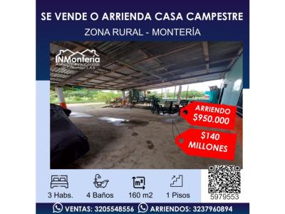 SE VENDE O ARRIENDA CASA CAMPESTRE EN ZONA RURAL EN MONTERIA , 160 mt2, 3 habitaciones