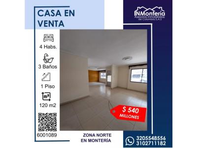 SE VENDE CASA EN ZONA NORTE DE MONTERIA , 210 mt2, 4 habitaciones
