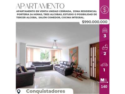 Apartamento en venta en conquistadores medellín, Unidad cerrada, 140 mt2, 3 habitaciones