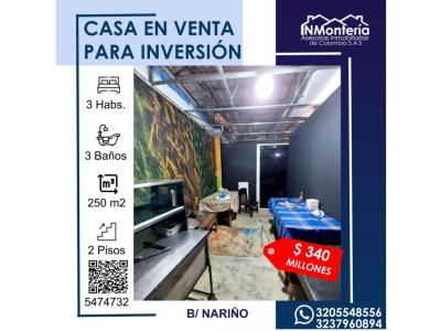 SE VENDE CASA PARA INVERSION EN BARRIO NARIÑO- CENTRO , 250 mt2, 3 habitaciones